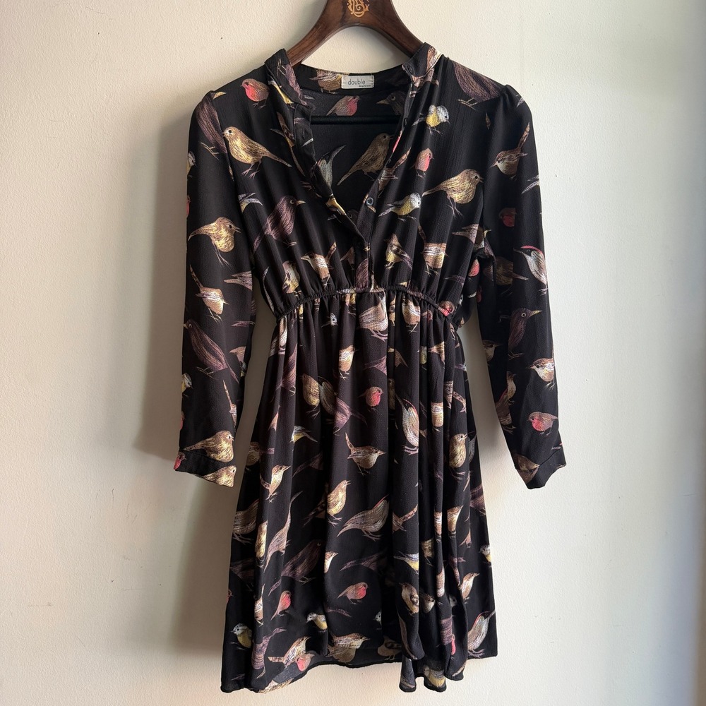 Double Bird Print Long Sleeve Fit and Flare Mini Dress Black Small